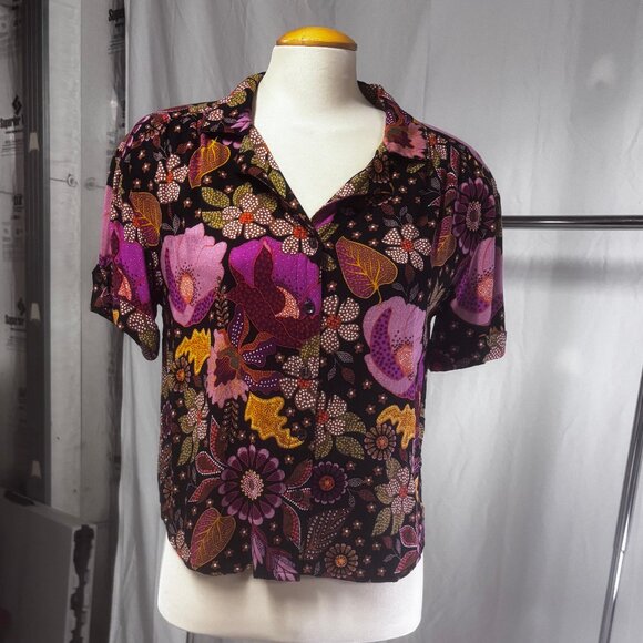 Batik Floral Print Button Down Top, Size M - Picture 1 of 7
